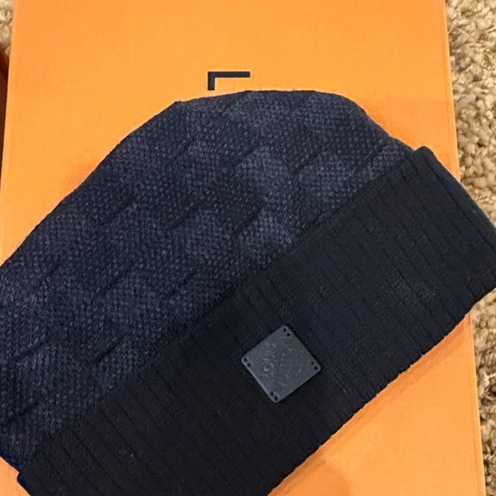 Louis Vuitton Men's Dark Navy Knit Beanie with Logo Patch